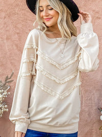 WOMEN'S LONG SLEEVEFRINGE DETAILED TOP