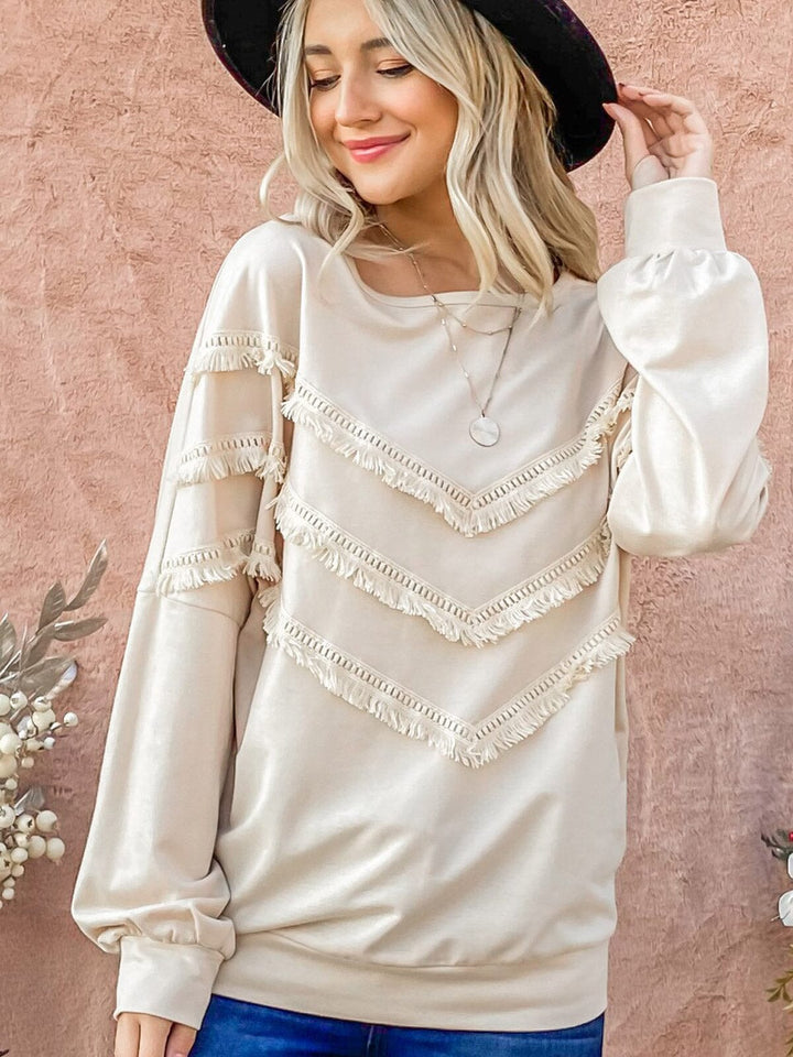 WOMEN'S LONG SLEEVEFRINGE DETAILED TOP