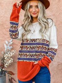 WOMEN'S LONG SLEEVE COLORBLOCK PRINT KNIT TOP
