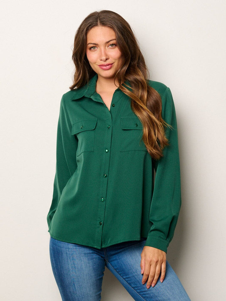WOMEN'S LONG SLEEVE BUTTON UP FRONT POCKETS BLOUSE TOP
