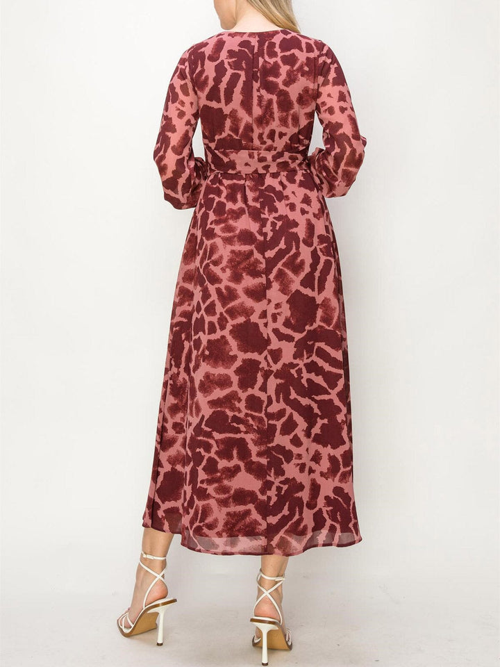WOMEN'S LONG SLEEVE ANIMAL PRINT SURPLICE MAXI DRESS