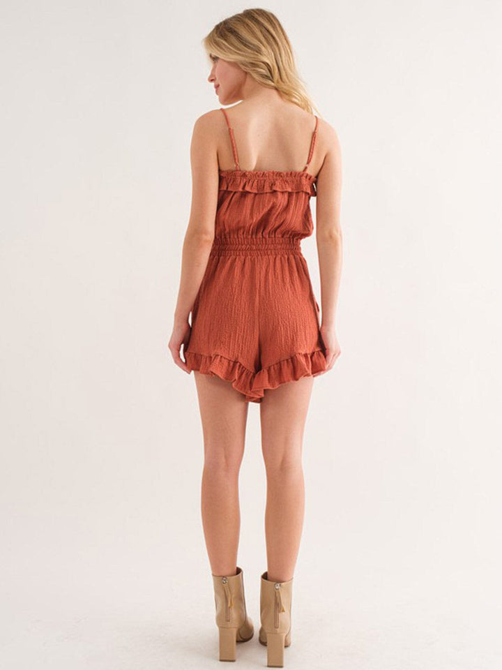 WOMEN'S SLEEVELESS SMOCK WAIST POCKETS RUFFLE ROMPER