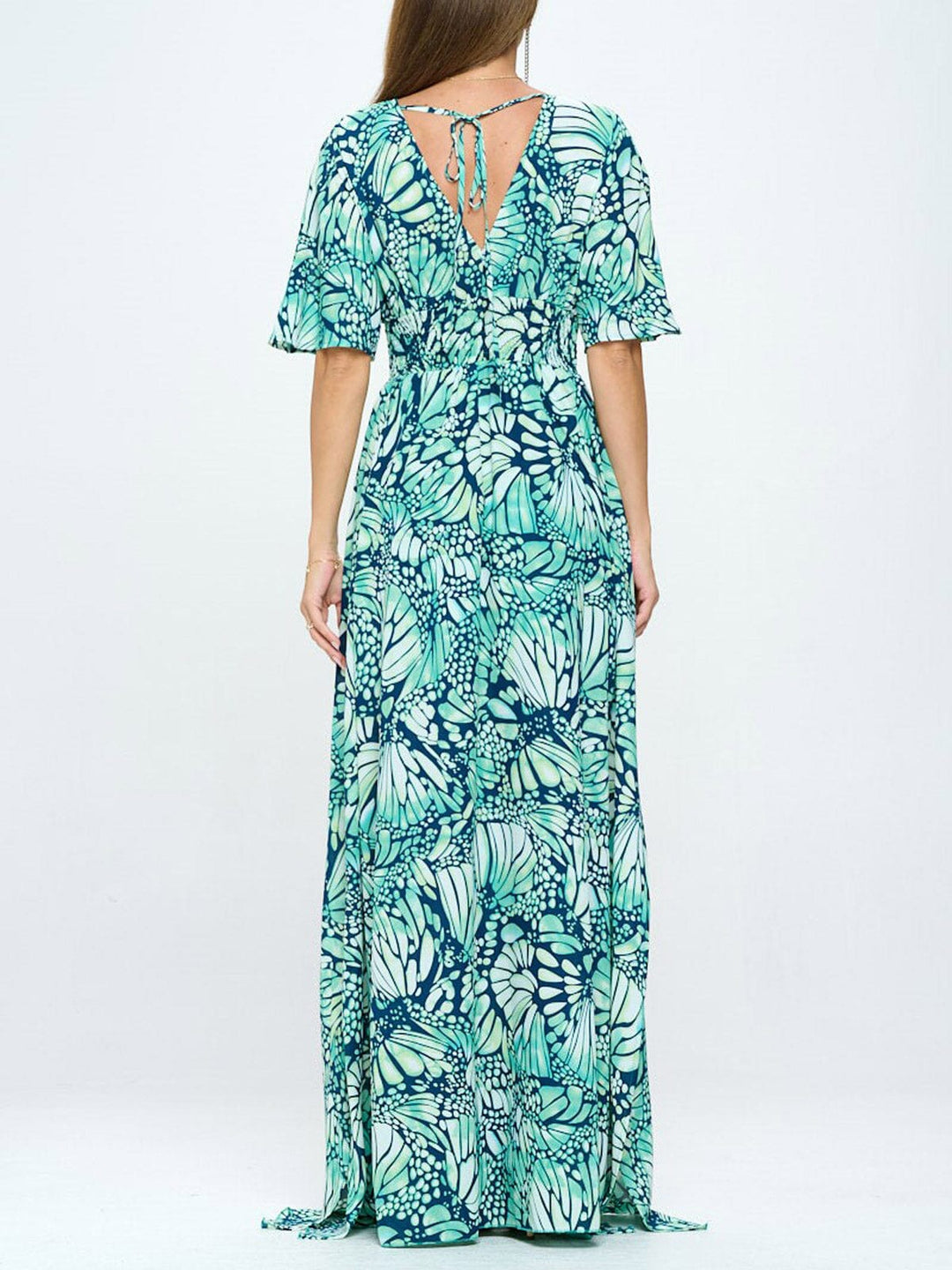 WOMEN'S SHORT SLEEVE SURPLICE SMOCK WAIST PRINTED MAXI DRESS