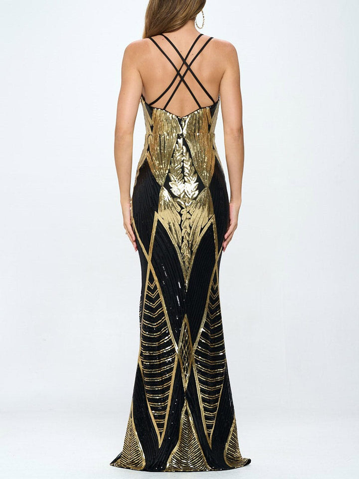 WOMEN'S SLEEVELESS V-NECK BODYCON SEQUINS GOWN MAXI DRESS