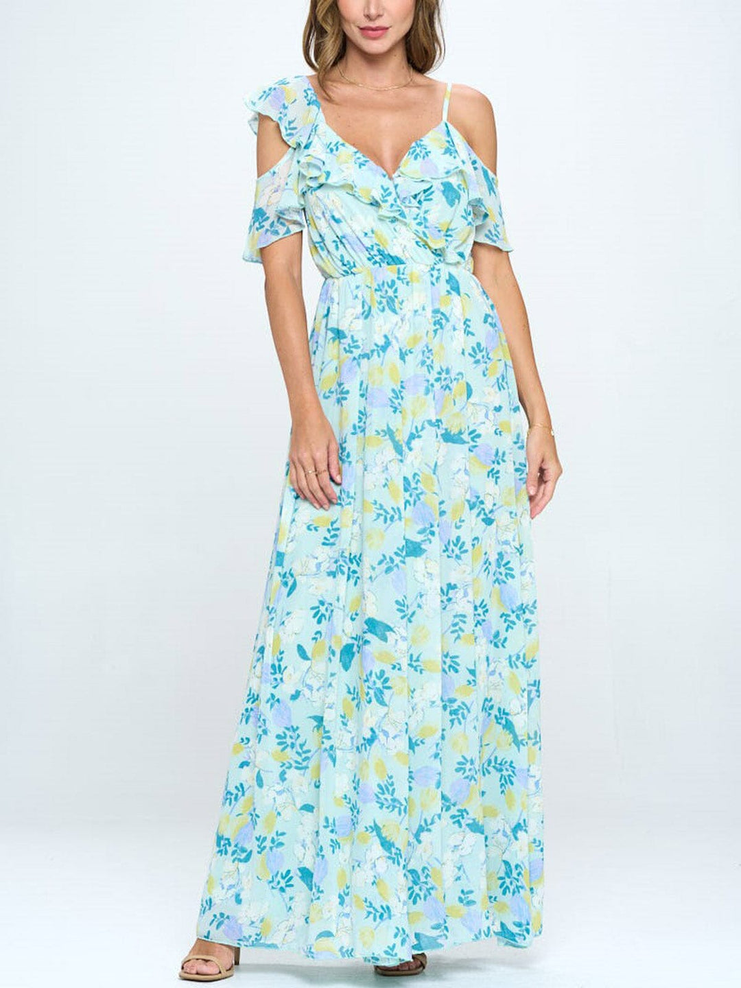 WOMEN'S COLD SHOULDER RUFFLE FLORAL MAXI DRESS