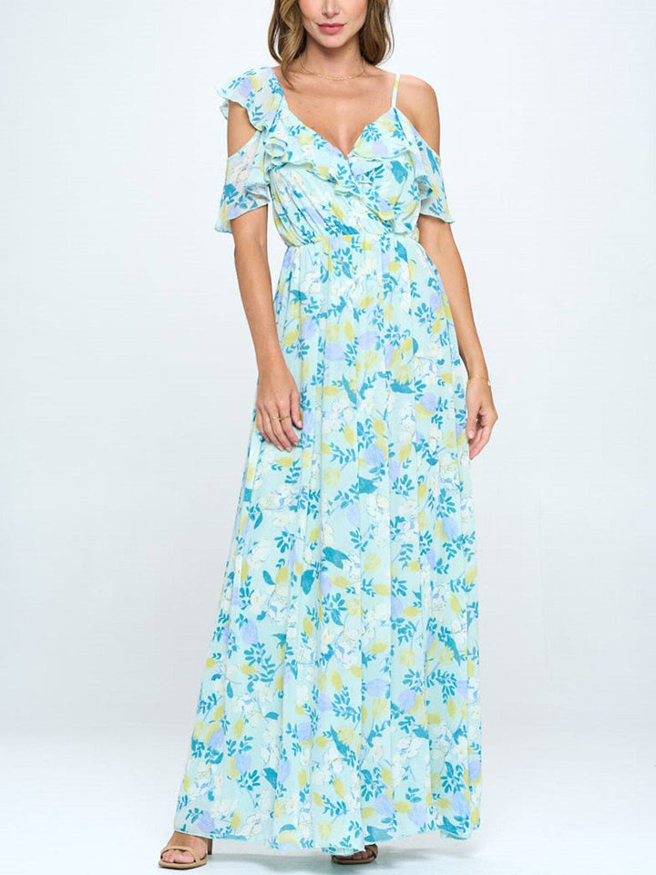 WOMEN'S COLD SHOULDER RUFFLE FLORAL MAXI DRESS