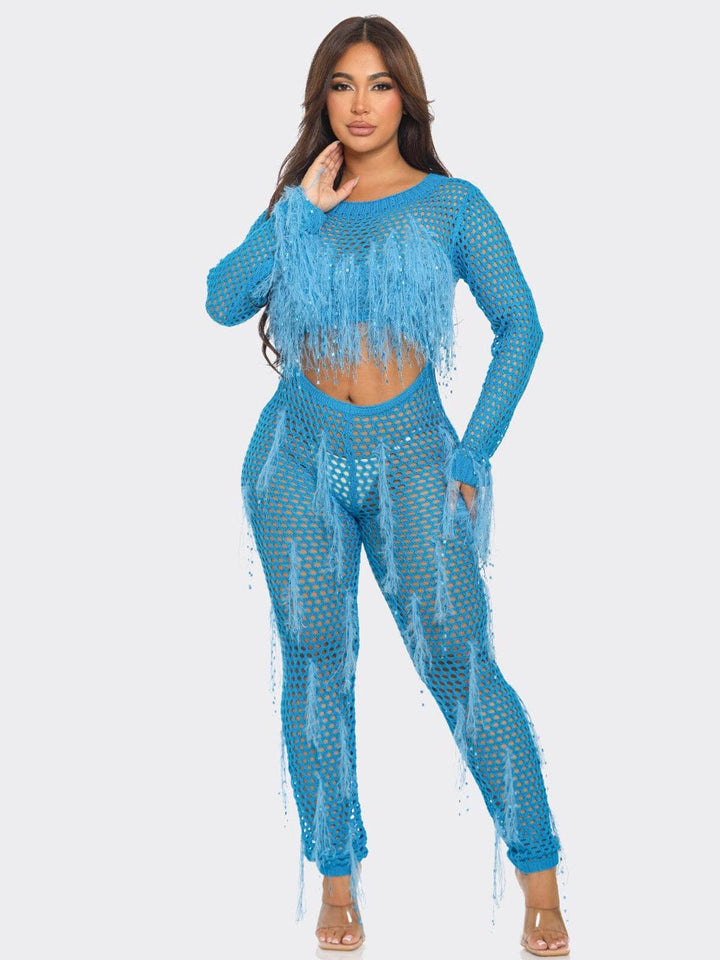 WOMEN'S LONG SLEEVE CUT OUT FRINGE MESH KNIT JUMPSUIT