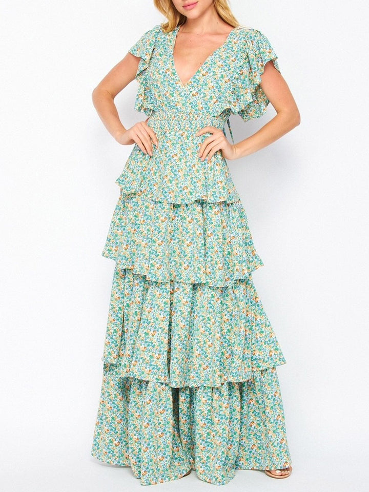 WOMEN'S SHORT RUFFLE SLEEVE V-NECK TIERED FLORAL MAXI DRESS