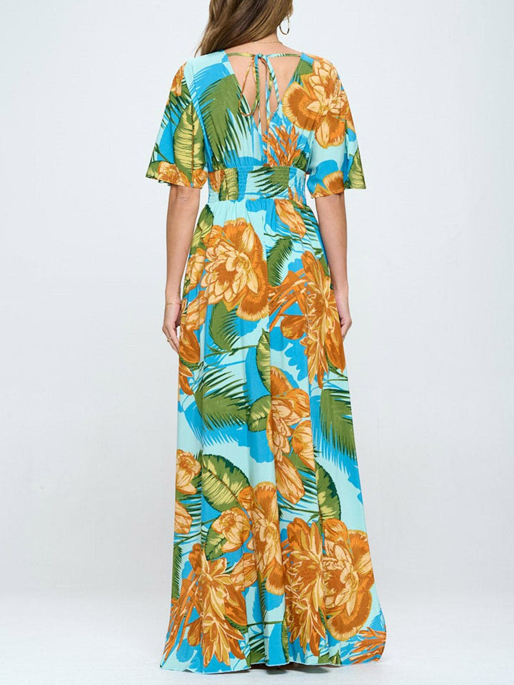 WOMEN'S SHORT SLEEVE SURPLICE SMOCK WAIST FLORAL MAXI DRESS
