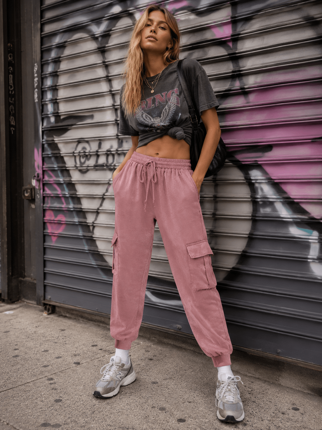 WOMEN'S ELASTIC WAIST CARGO POCKETS JOGGER LEG PANTS