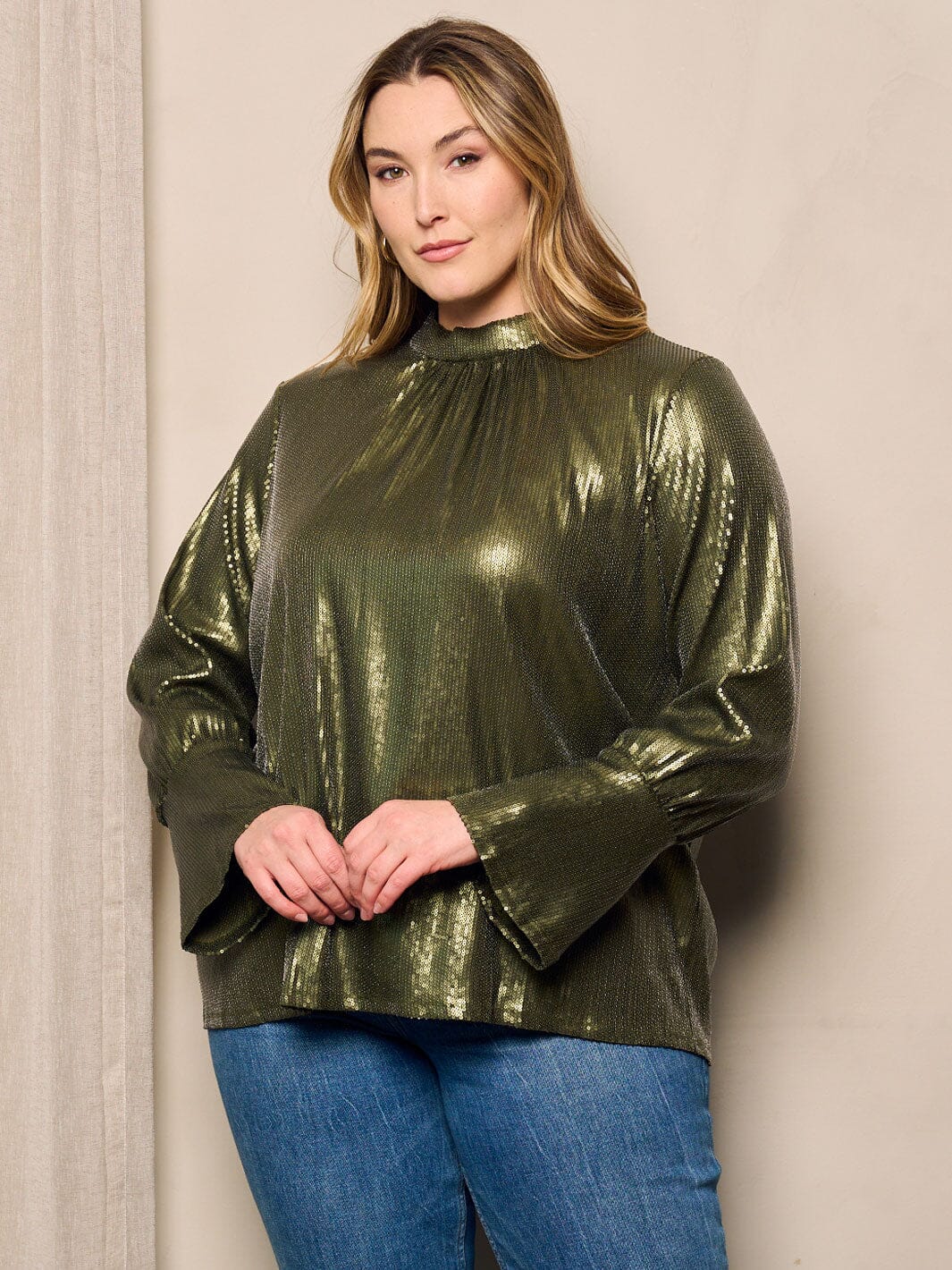 PLUS SIZE LONG BELL SLEEVE SEQUINS DETAILED BLOUSE TOP