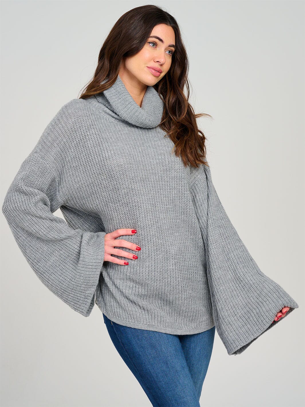 WOMEN'S LONG BELL SLEEVE TURTLE NECK PULLOVER KNIT SWEATER
