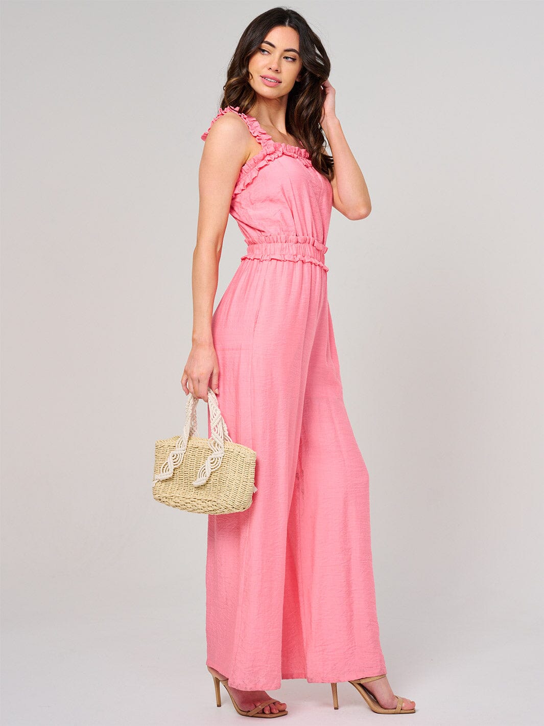 WOMEN'S SLEEVELESS SMOCK WAIST FRONT POCKETS WIDE LEG JUMPSUIT