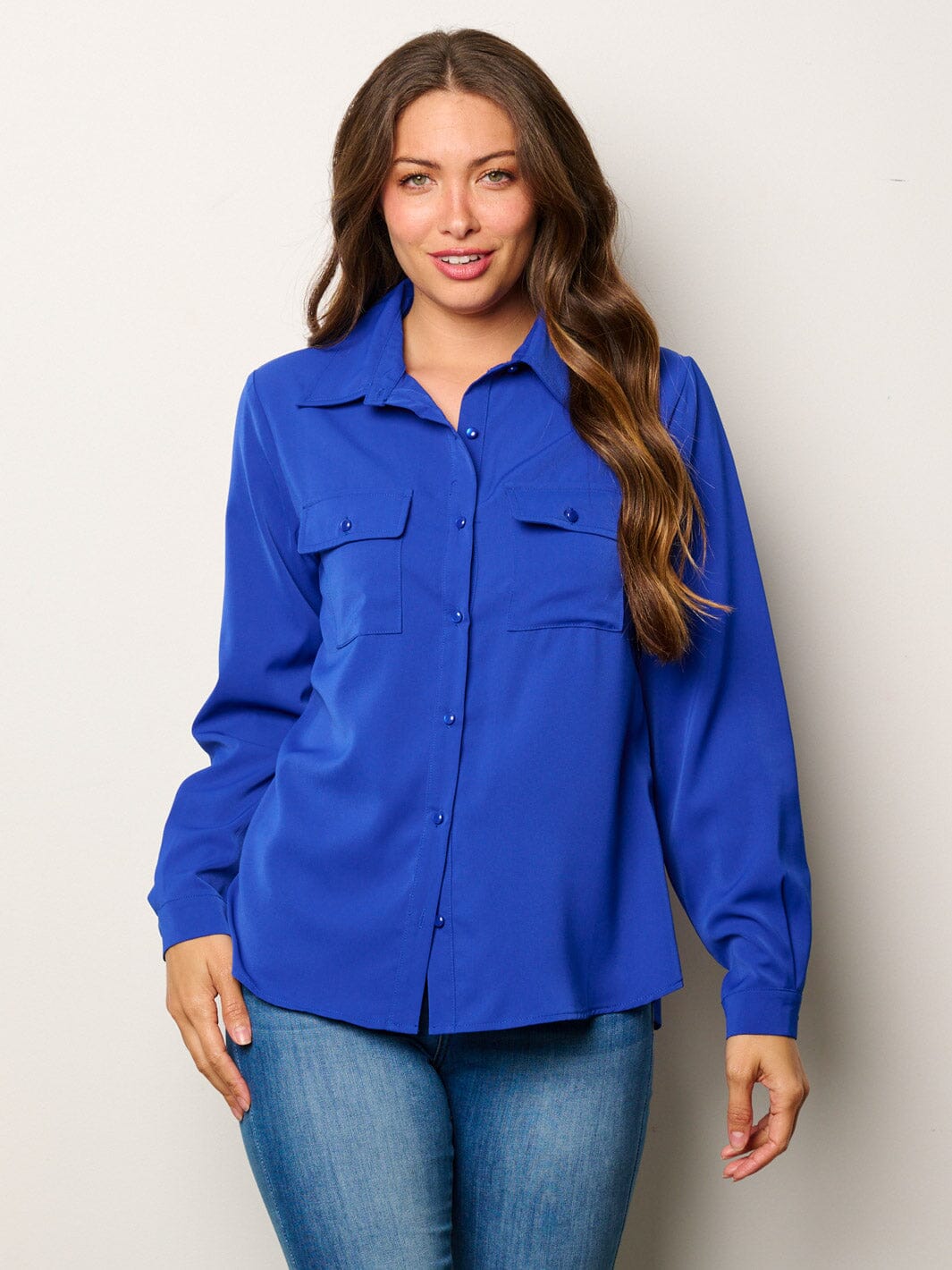 WOMEN'S LONG SLEEVE BUTTON UP FRONT POCKETS BLOUSE TOP