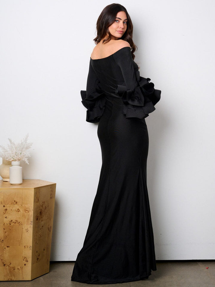 WOMEN'S 3/4 RUFFLE SLEEVE SIDE SLIT BODYCON MAXI GOWN DRESS