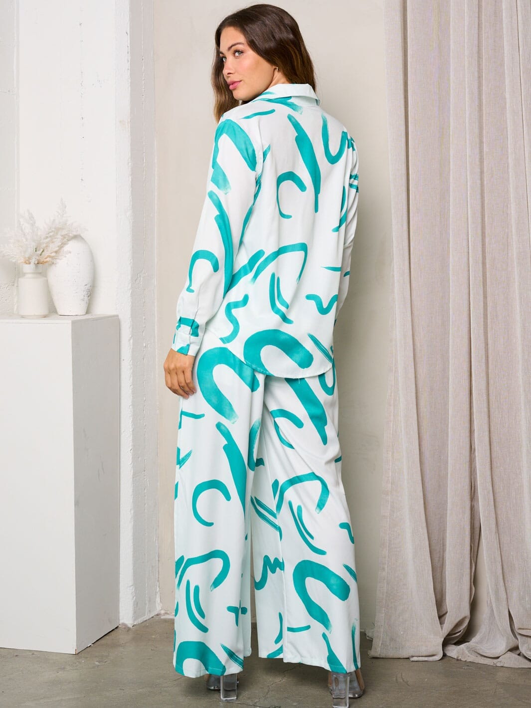 WOMEN'S LONG SLEEVE W/BRA & WIDEL LEG PANTS PRINTED 3PC. SET