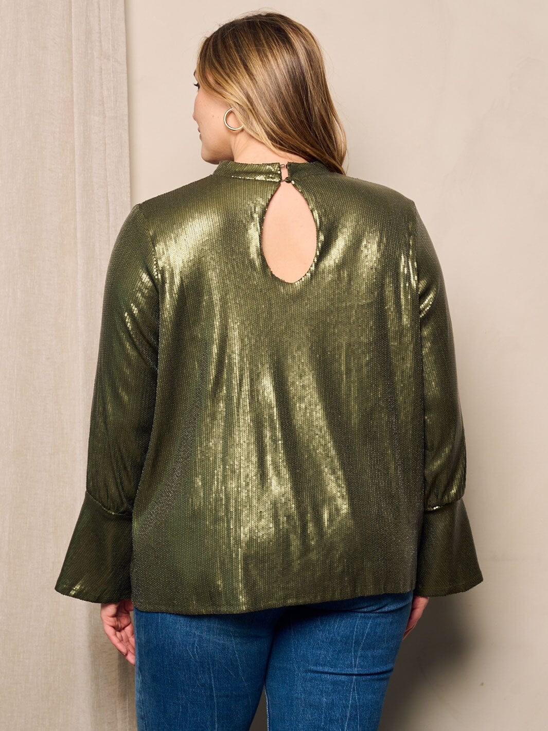 PLUS SIZE LONG BELL SLEEVE SEQUINS DETAILED BLOUSE TOP