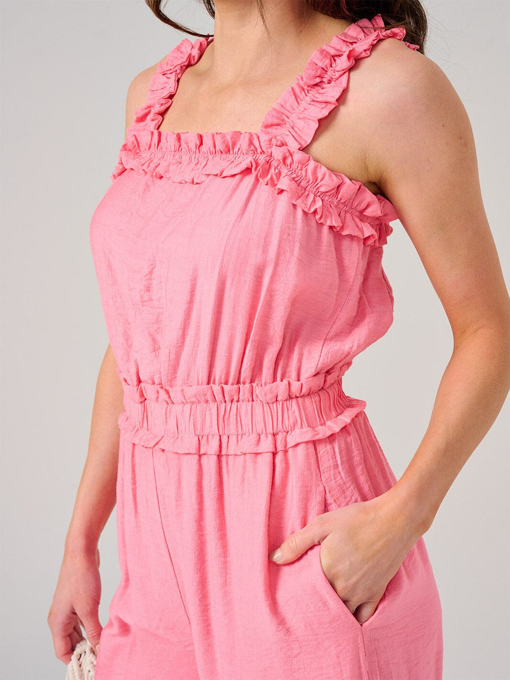 WOMEN'S SLEEVELESS SMOCK WAIST FRONT POCKETS WIDE LEG JUMPSUIT