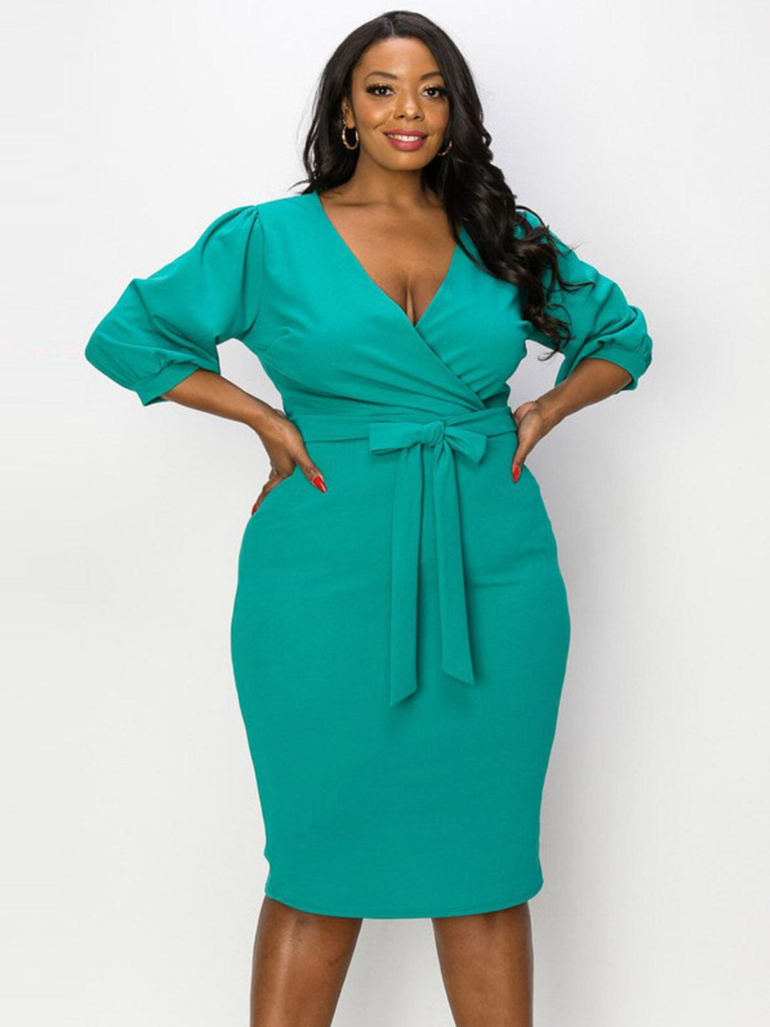 PLUS SIZE 3/4 SLEEVE SURPLICE SELF TIE BODYCON MIDI DRESS