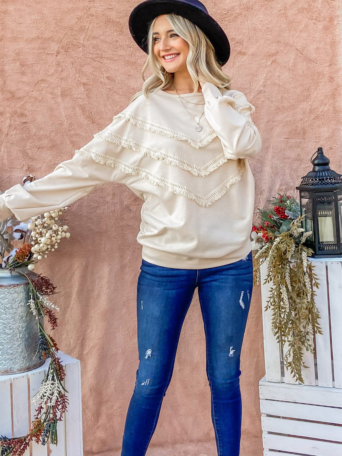 WOMEN'S LONG SLEEVEFRINGE DETAILED TOP