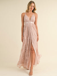 WOMEN'S SLEEVELESS V-NECK OPEN BACK FLORAL LACE MAXI DRESS