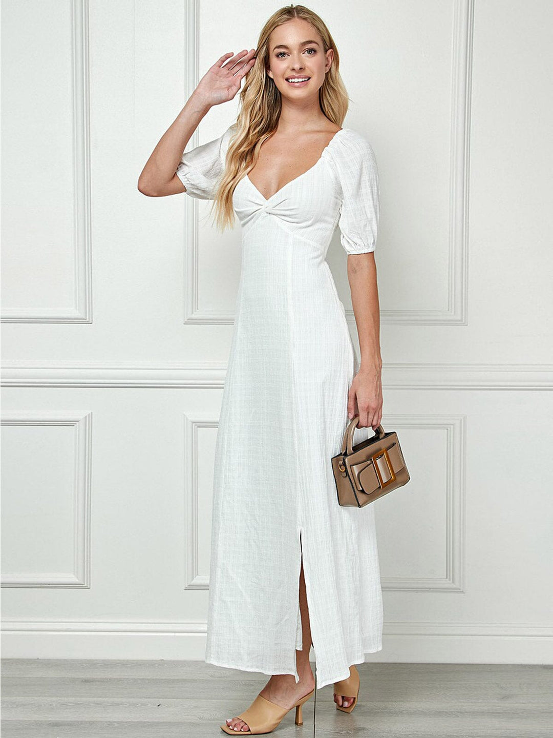 WOMEN'S SHORT SLEEVE FRONT SLIT V-NECK MAXI DRESS