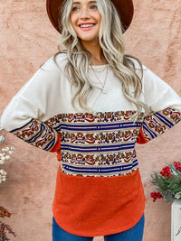 WOMEN'S LONG SLEEVE COLORBLOCK PRINT KNIT TOP