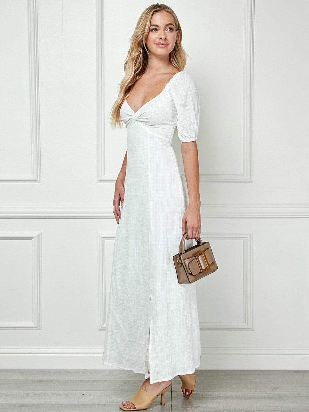 WOMEN'S SHORT SLEEVE FRONT SLIT V-NECK MAXI DRESS
