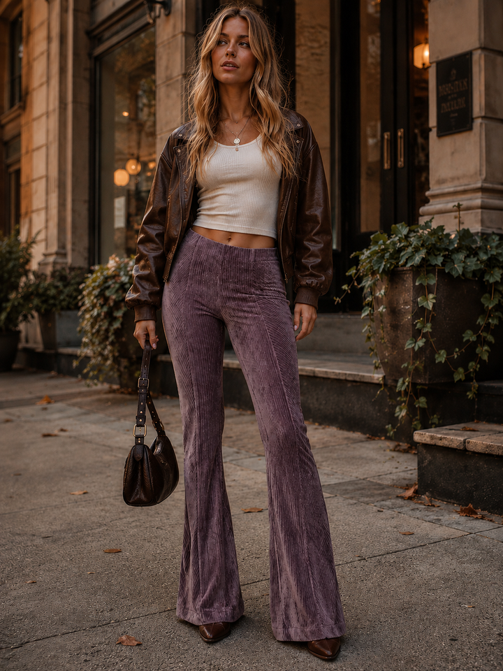 WOMEN'S ELASTIC WAIST BELL LEG VELVET PANTS