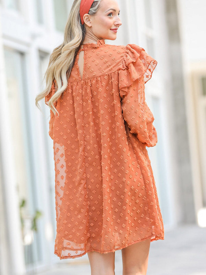 WOMEN'S LONG RUFFLE SLEEVE SWISS DETAILED TUNIC MINI DRESS