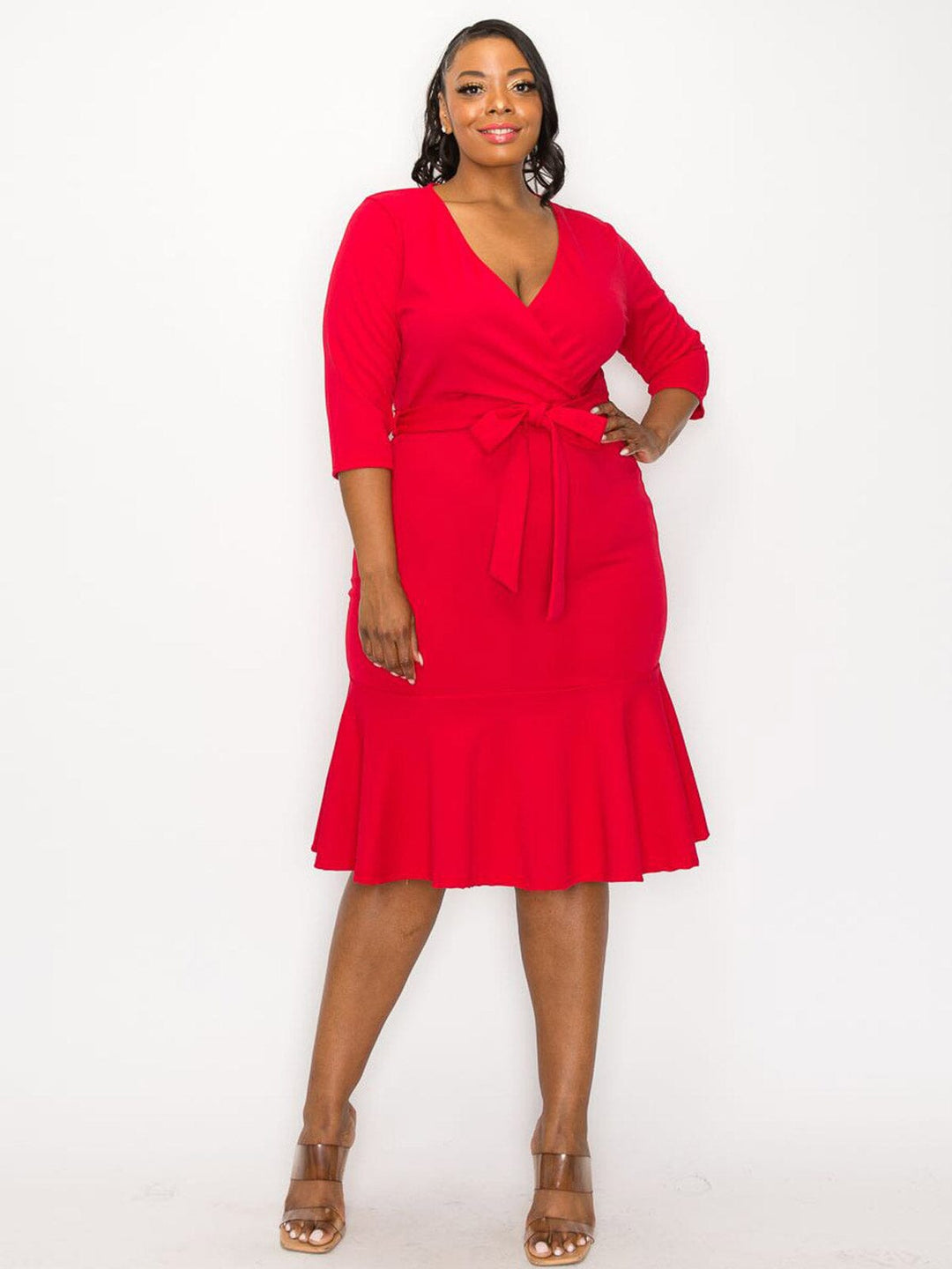 PLUS SIZE 3/4 SLEEVE SURPLICE SELF TIE BODYCON MIDI DRESS