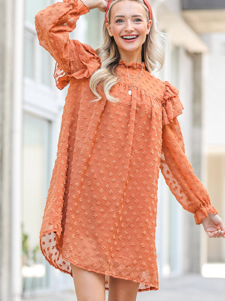 WOMEN'S LONG RUFFLE SLEEVE SWISS DETAILED TUNIC MINI DRESS