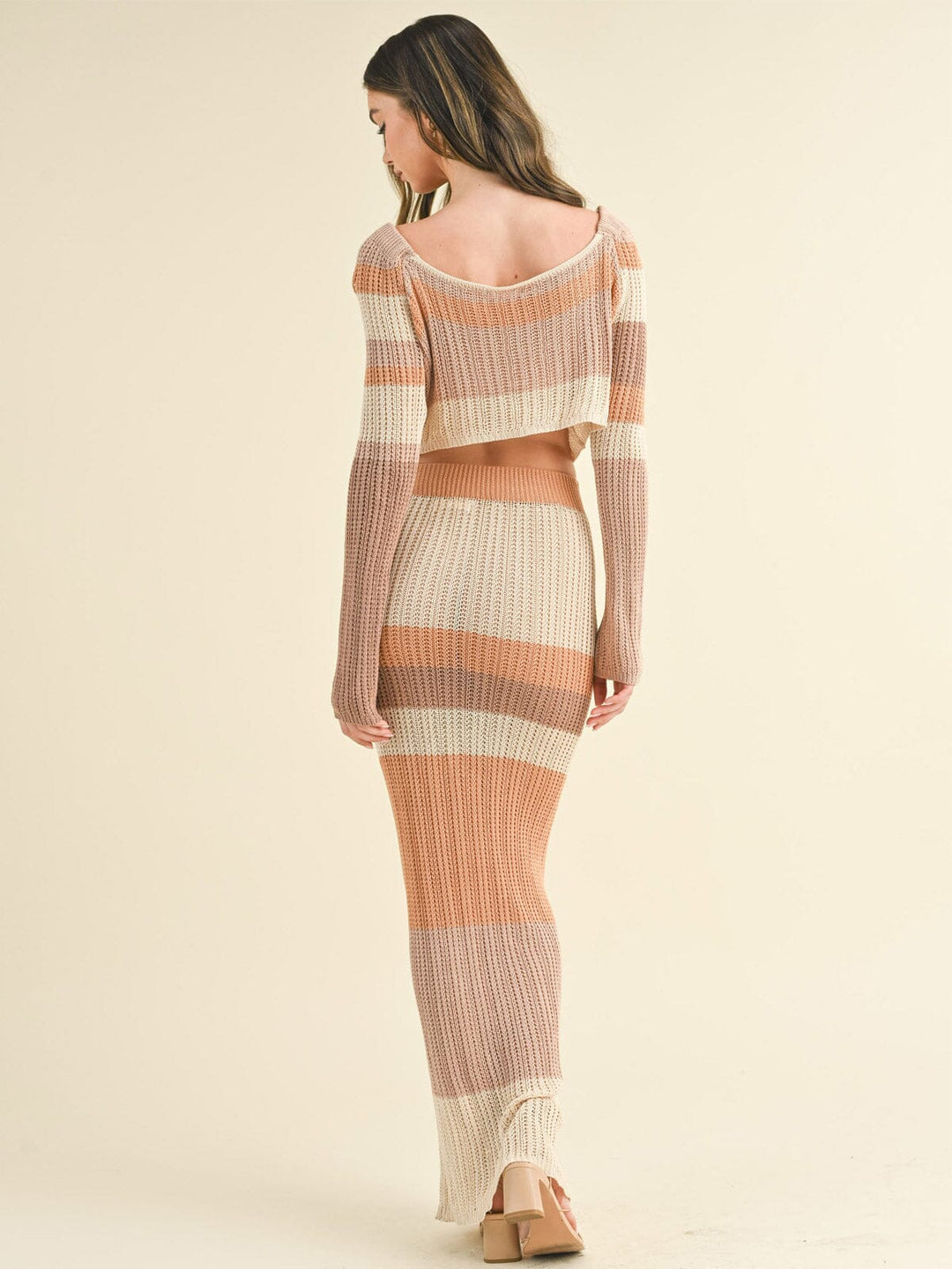 WOMEN'S LONG SLEEVE CROP TOP & ELASTIC WAIST MAXI SKIRT COLORBLOCK KNIT 2PC. SET
