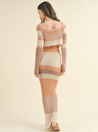 WOMEN'S LONG SLEEVE CROP TOP & ELASTIC WAIST MAXI SKIRT COLORBLOCK KNIT 2PC. SET