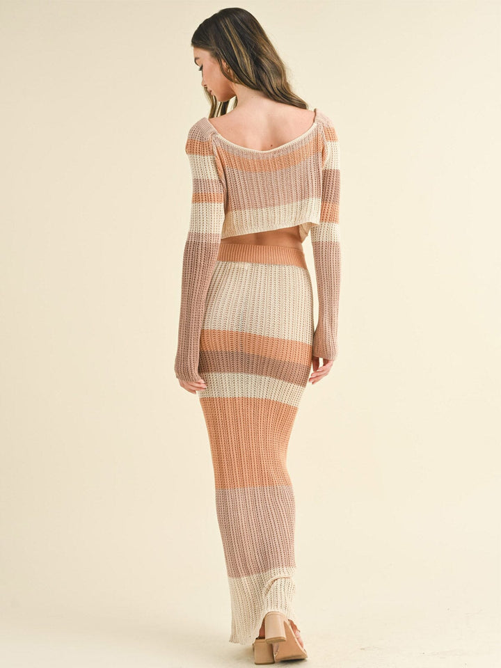 WOMEN'S LONG SLEEVE CROP TOP & ELASTIC WAIST MAXI SKIRT COLORBLOCK KNIT 2PC. SET