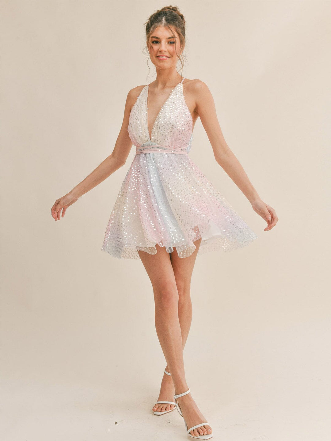 WOMEN'S SLEEVELESS TIE DYE V-NECK OPEN BACK SEQUINS MINI DRESS