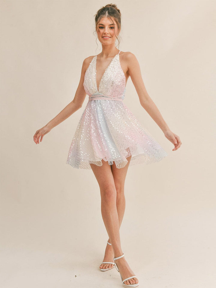 WOMEN'S SLEEVELESS TIE DYE V-NECK OPEN BACK SEQUINS MINI DRESS