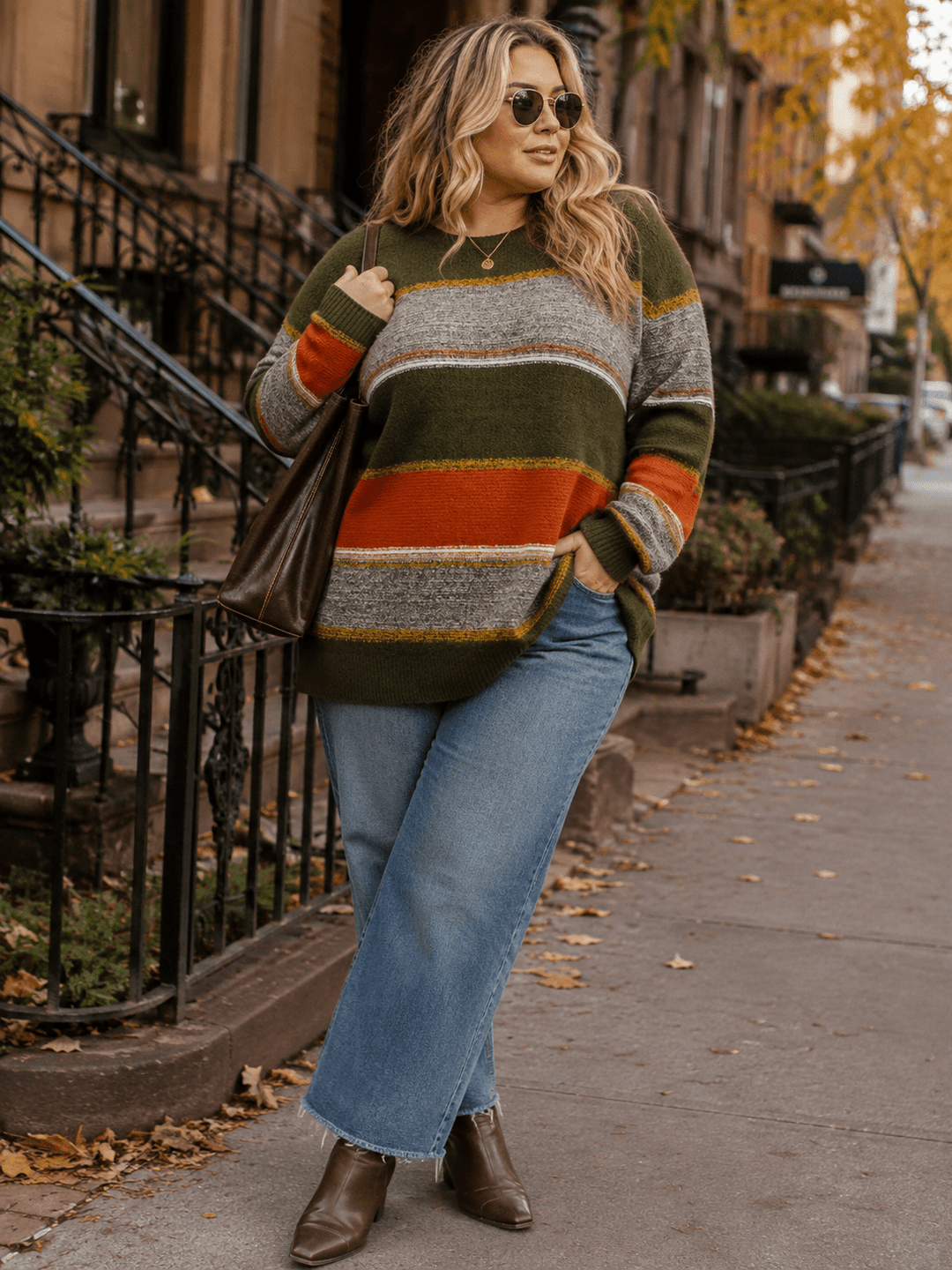 PLUS SIZE LONG SLEEVE COLORBLOCK STRIPES PULLOVER SWEATER