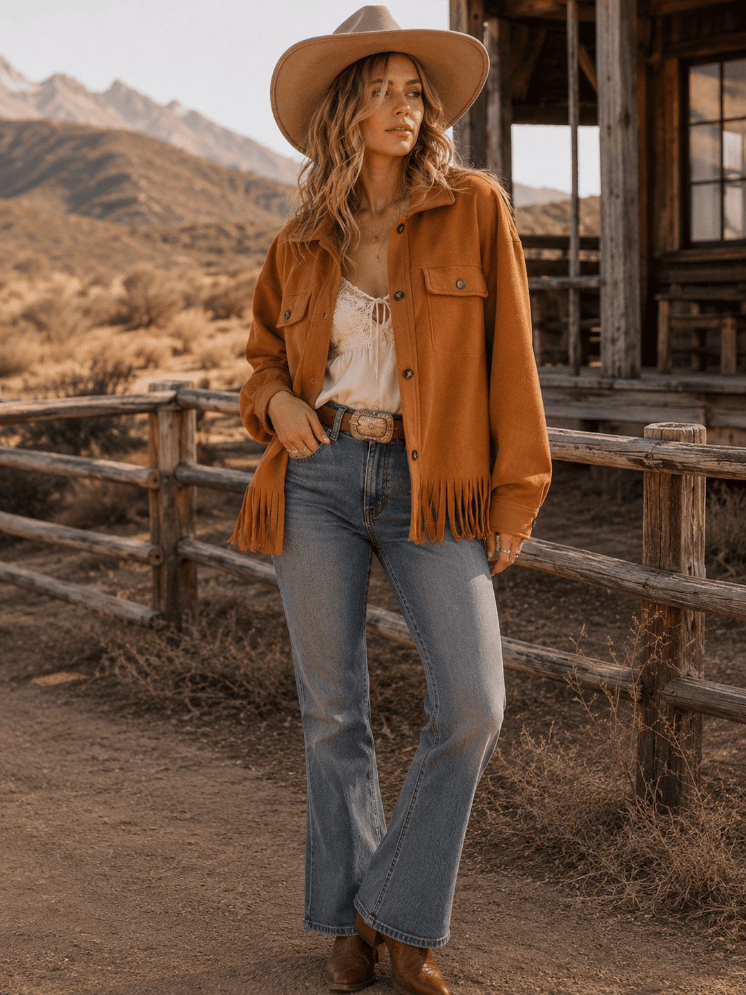 WOMEN'S LONG SLEEVE BUTTON CLOSURE FRONT POCKETS FRINGE JACKET