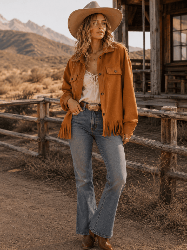 WOMEN'S LONG SLEEVE BUTTON CLOSURE FRONT POCKETS FRINGE JACKET