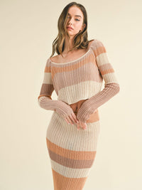 WOMEN'S LONG SLEEVE CROP TOP & ELASTIC WAIST MAXI SKIRT COLORBLOCK KNIT 2PC. SET