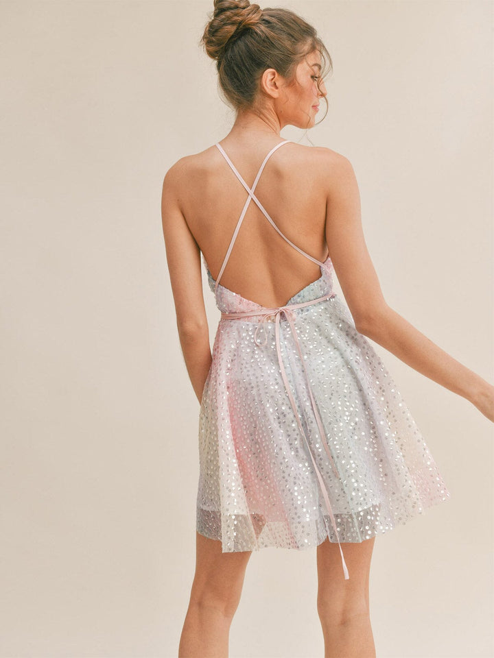 WOMEN'S SLEEVELESS TIE DYE V-NECK OPEN BACK SEQUINS MINI DRESS