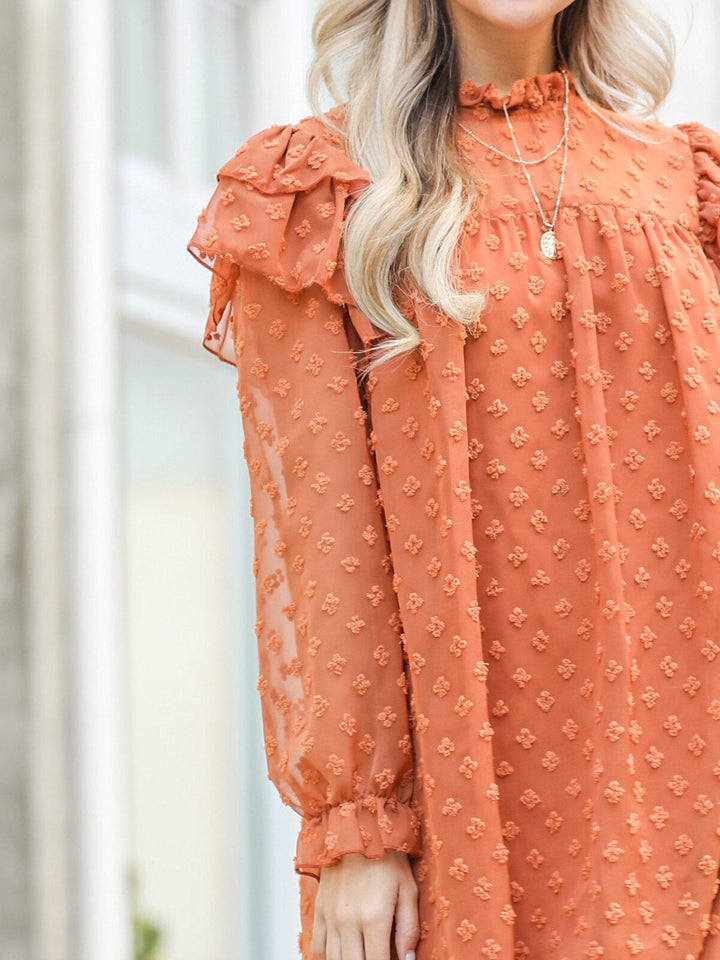 WOMEN'S LONG RUFFLE SLEEVE SWISS DETAILED TUNIC MINI DRESS