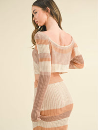 WOMEN'S LONG SLEEVE CROP TOP & ELASTIC WAIST MAXI SKIRT COLORBLOCK KNIT 2PC. SET