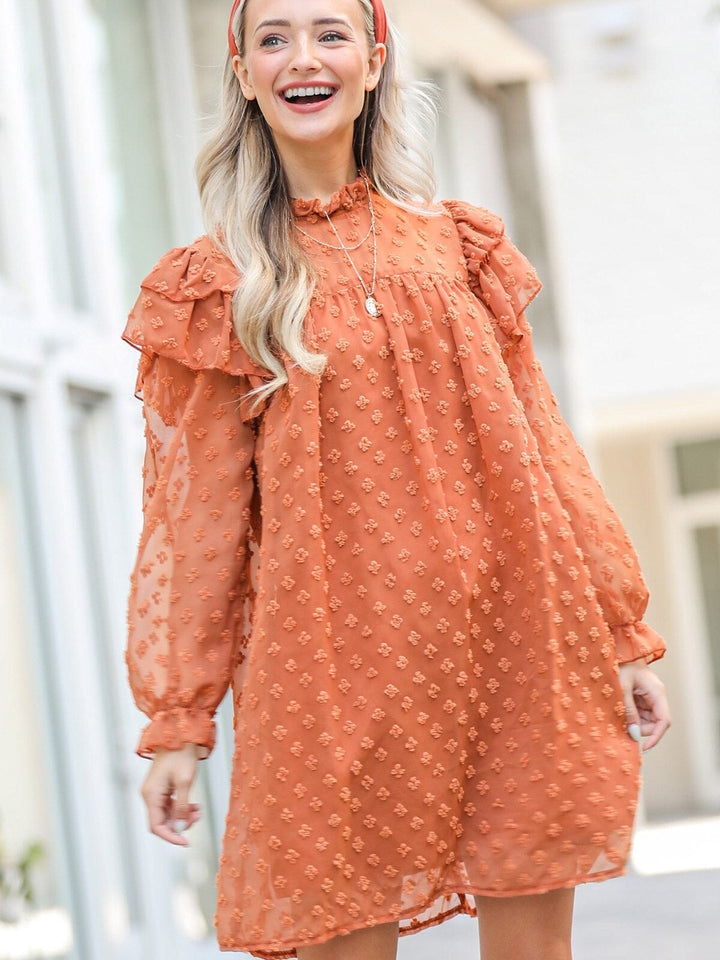 WOMEN'S LONG RUFFLE SLEEVE SWISS DETAILED TUNIC MINI DRESS