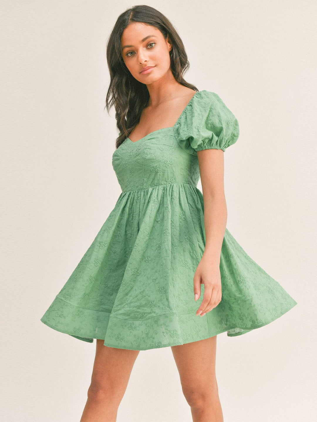 WOMEN'S SHORT PUFF SLEVE EMBROIDERY FLORAL DETAILED MINI DRESS