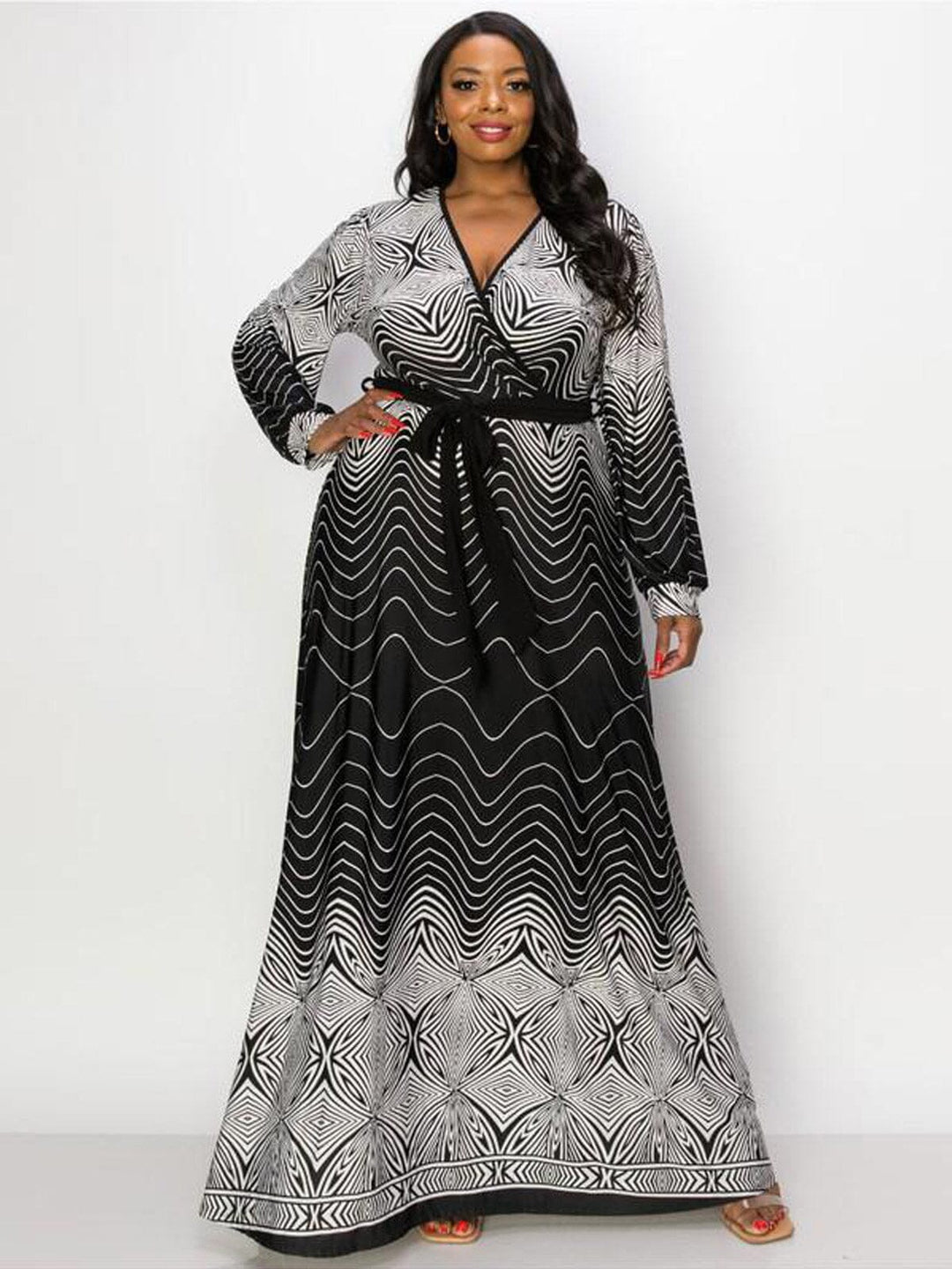 PLUS SIZE LONG SLEEVE SURPLICE SELF TIE MULTI PRINT MAXI DRESS