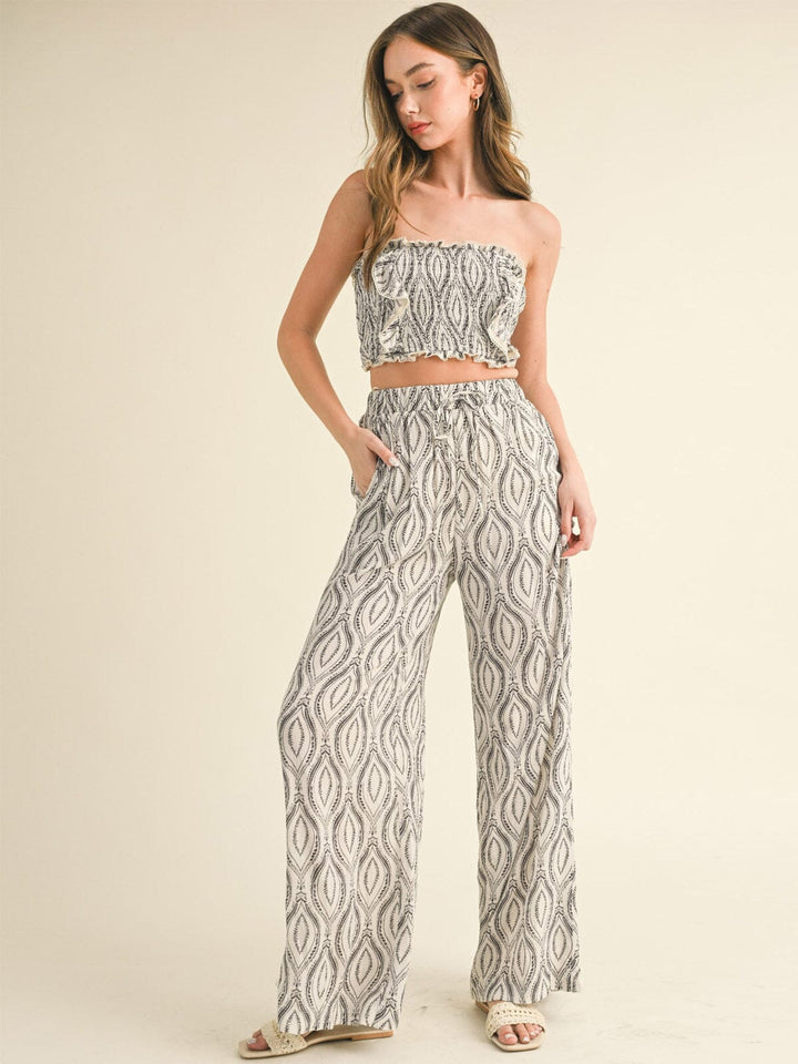 WOMEN'S SMOCK CROP TOP & WIDE LEG PANTS PRINTED 2PC. SET