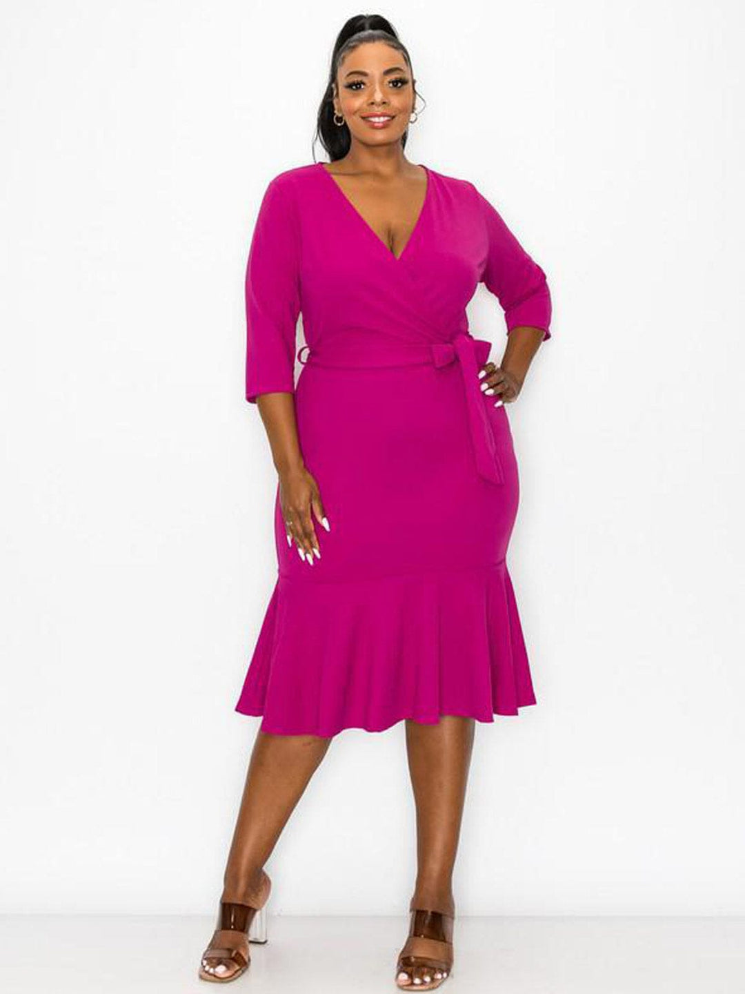 PLUS SIZE 3/4 SLEEVE SURPLICE SELF TIE BODYCON MIDI DRESS
