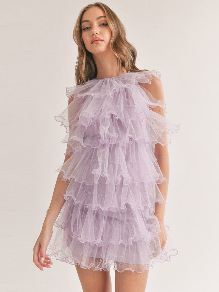 WOMEN'S SLEEVELESS HALTER NECK RUFFLE TIERED MINI DRESS